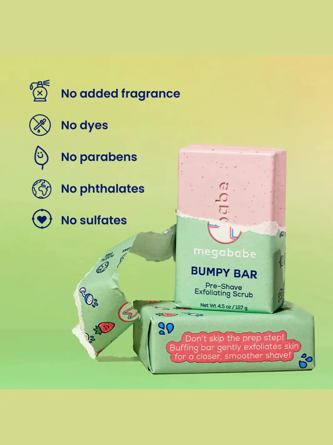 Two 'Bumpy Bar' soap bar from Megababe on a gradient background, featuring text about product ingredients | Twentyseven Toronto