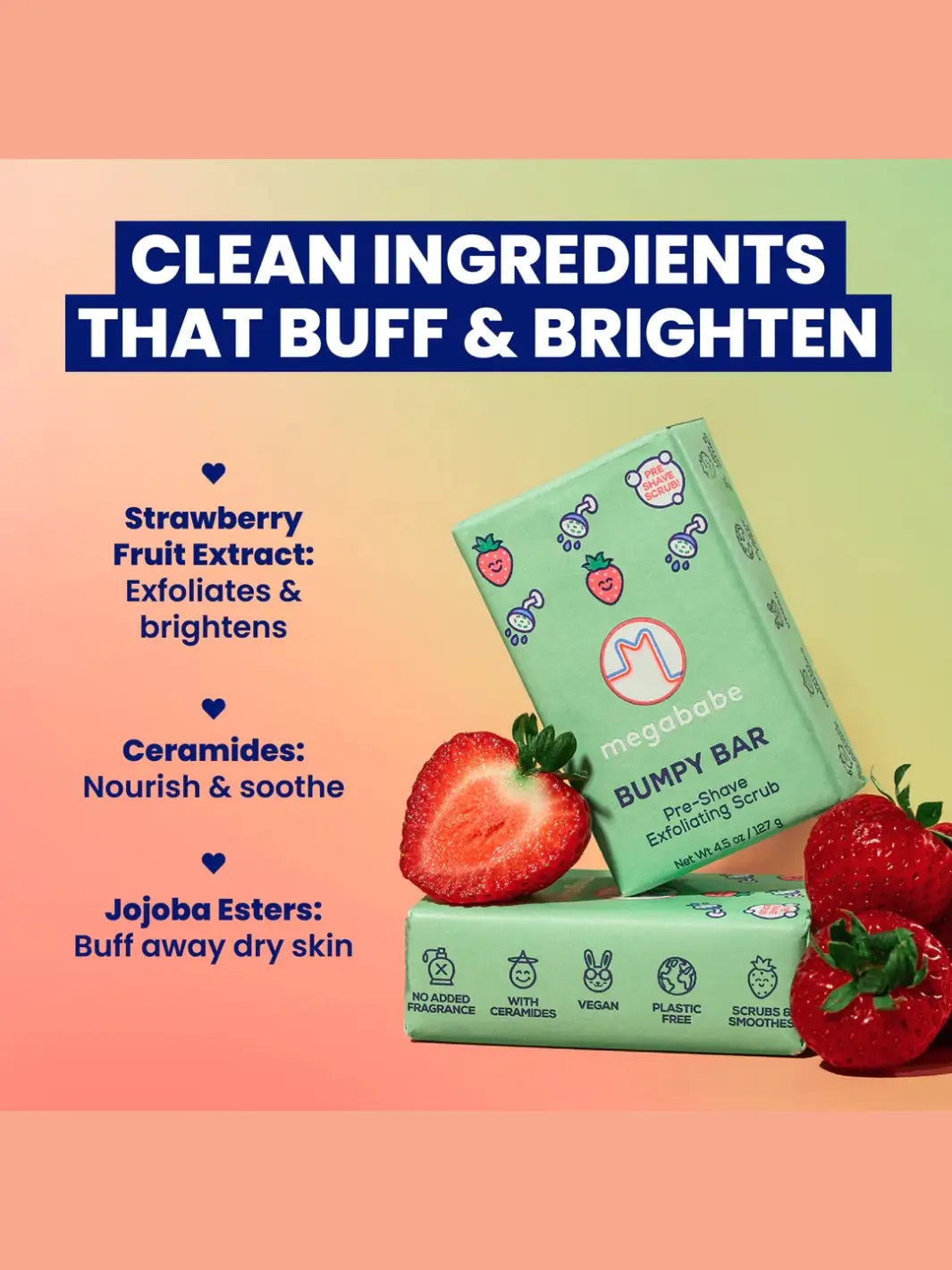 "Space Bar' soap from Megababe with green packaging with strawberry elements on a gradient background, featuring text about clean ingredients | Twentyseven Toronto