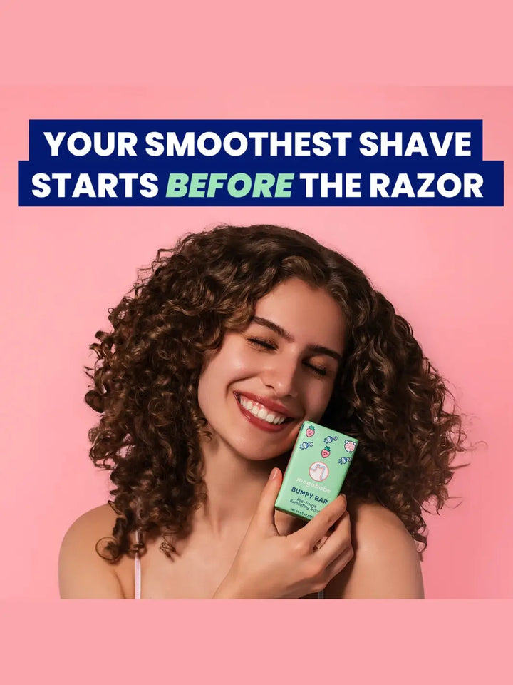 Woman holding a Megababe Bumpy Bar with text about smooth shaving on a pink background | Twentyseven Toronto