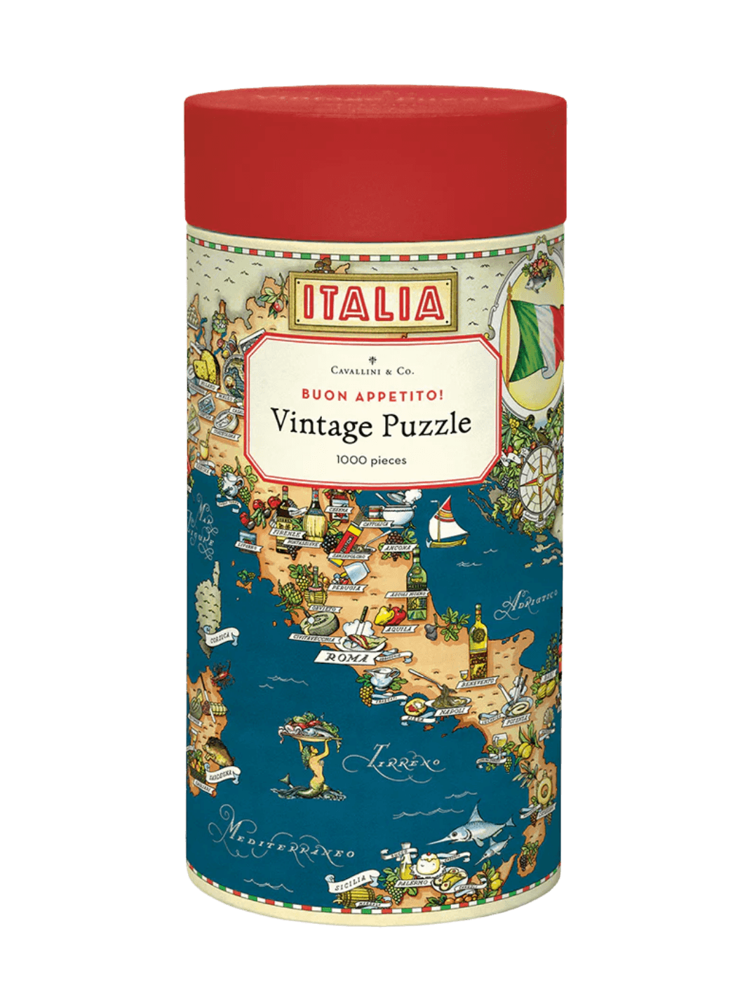 The cylindrical paper tube for the Cavallini Paper & Co Buon Appetito 1000 Piece Puzzle with a red cap, highlighting a central "Vintage Puzzle" title card above an illustrated culinary map of southern Italy | Twentyseven Toronto