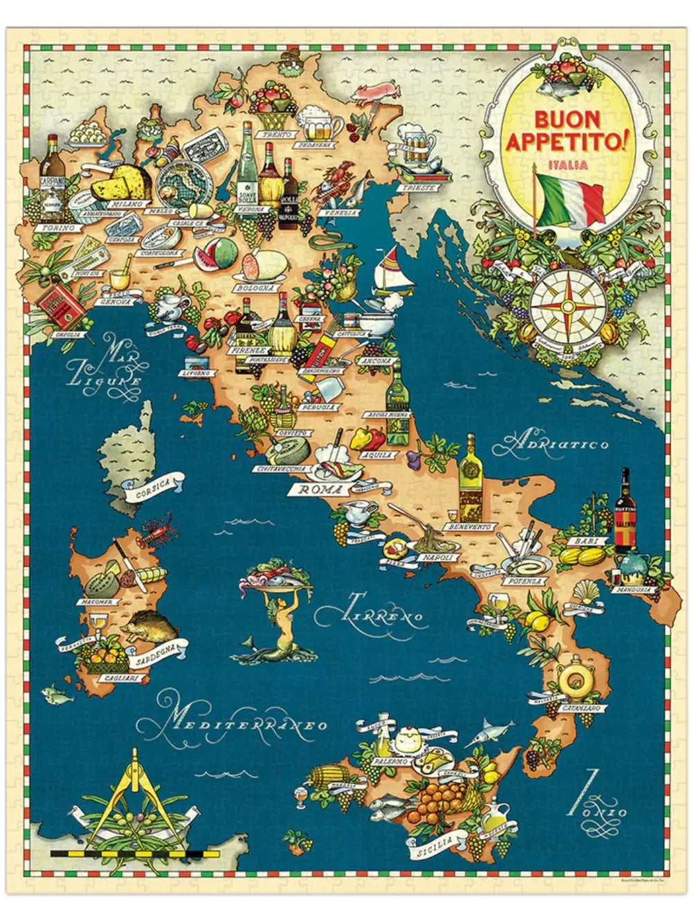 The completed Cavallini Paper & Co Buon Appetito 1000 Piece Puzzle showing an detailed antique-style map of Italy surrounded by blue seas and adorned with illustrations of local cheeses, wines, and traditional dishes labeled by city | Twentyseven Toronto