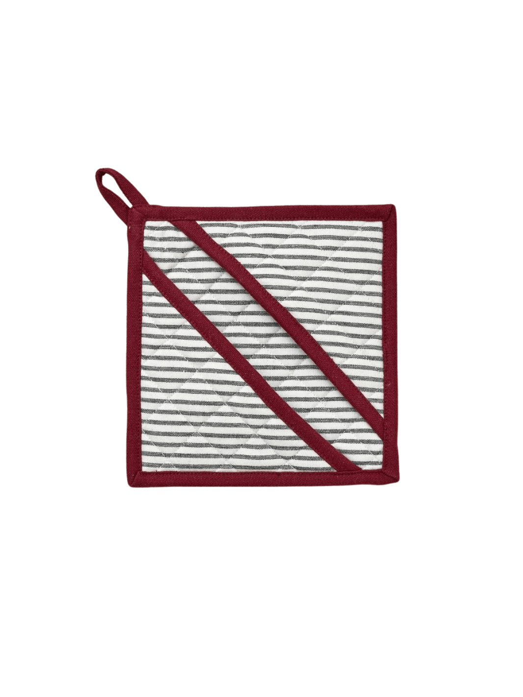 Striped oven mitt with red border in 'Aux Petits Oignons' style from Sylvie Thiriez on a transparent background | Twentyseven Toronto