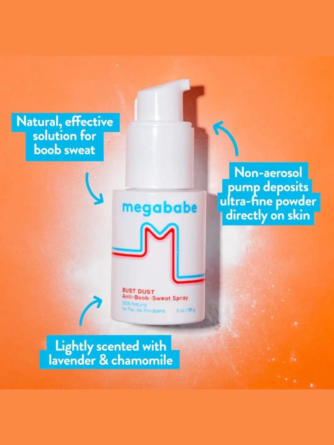 A white pump bottle of Megababe Bust Dust is displayed on a vibrant orange background, surrounded by a light dusting of white powder and text callouts highlighting its features | Twentyseven Toronto