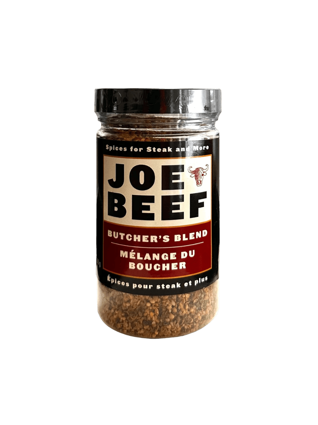 A clear glass jar filled with spice mix features a black and white label for Butcher's Blend Joe Beef seasoning with a red banner that reads "Mélange du Boucher" | Twentyseven Toronto