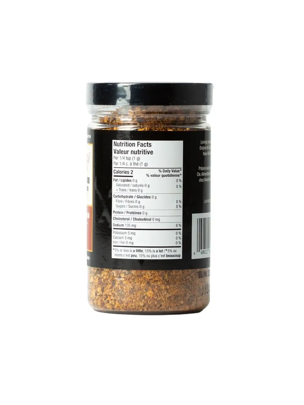 The back of a spice jar shows the nutrition facts panel and a barcode for the Butcher's Blend Joe Beef seasoning mix | Twentyseven Toronto