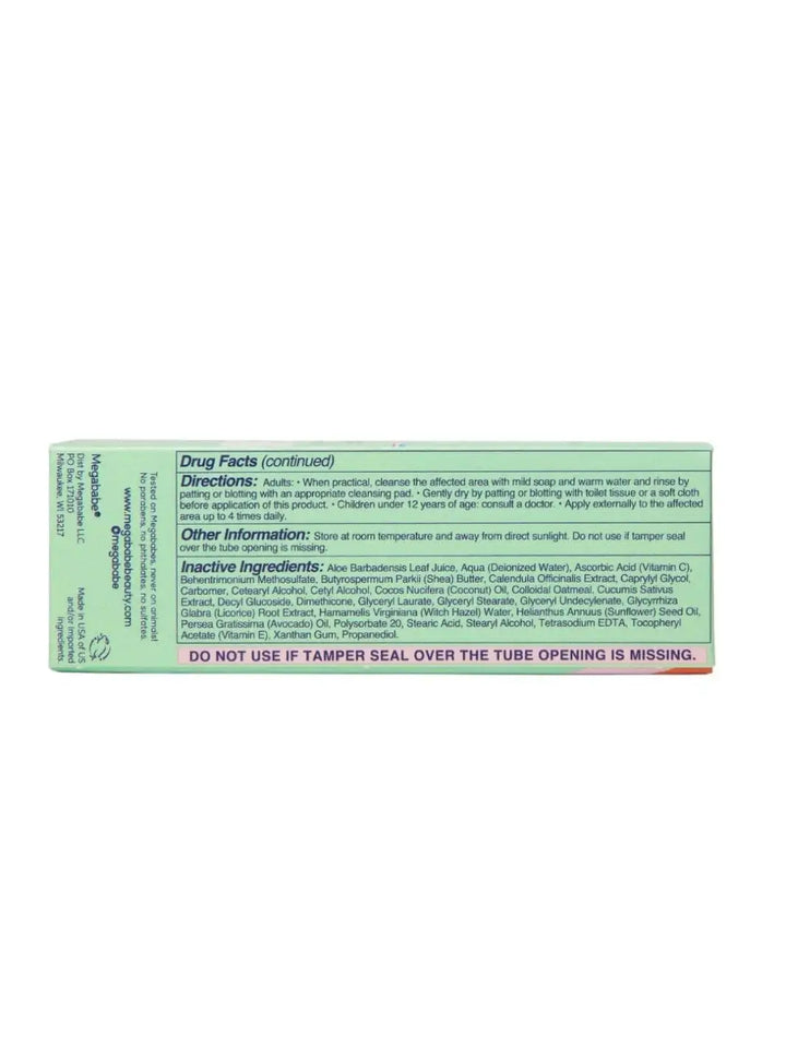 The side panel of a light green retail box displays a list of inactive ingredients and directions for use to provide product details for the Megababe Butt Stuff Hemorrhoid Cream | Twentyseven Toronto