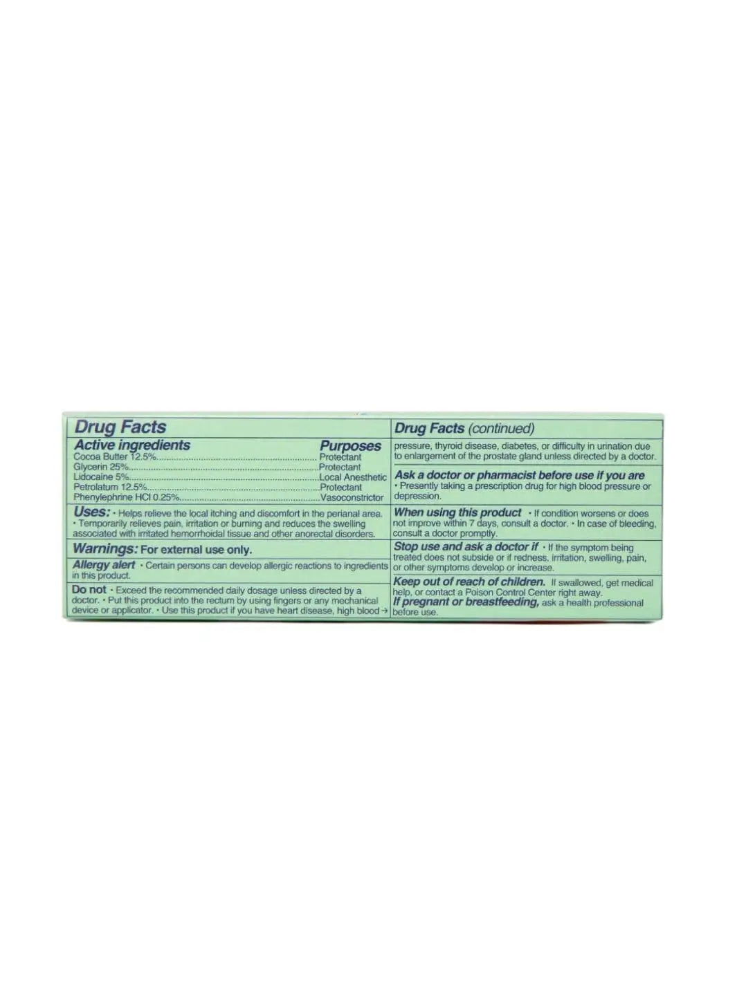 A close-up view of a product package panel details the active ingredients, uses, and warnings to outline the drug facts for the Megababe Butt Stuff Hemorrhoid Cream | Twentyseven Toronto