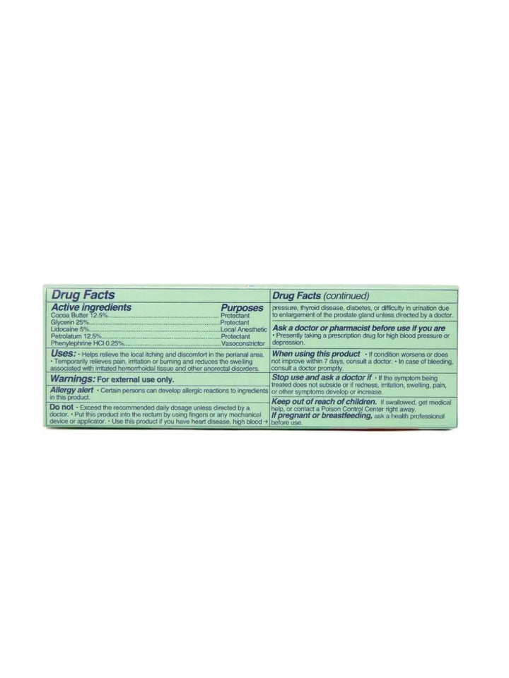 A close-up view of a product package panel details the active ingredients, uses, and warnings to outline the drug facts for the Megababe Butt Stuff Hemorrhoid Cream | Twentyseven Toronto