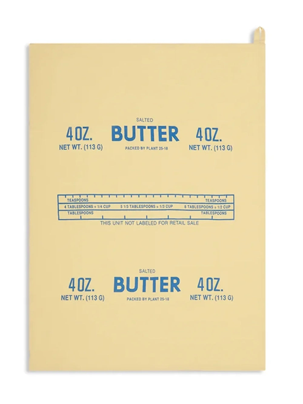 Fishs Eddy Butter Tea Towel laid flat, featuring yellow and blue vintage salted butter wrapper graphics | Twentyseven Toronto