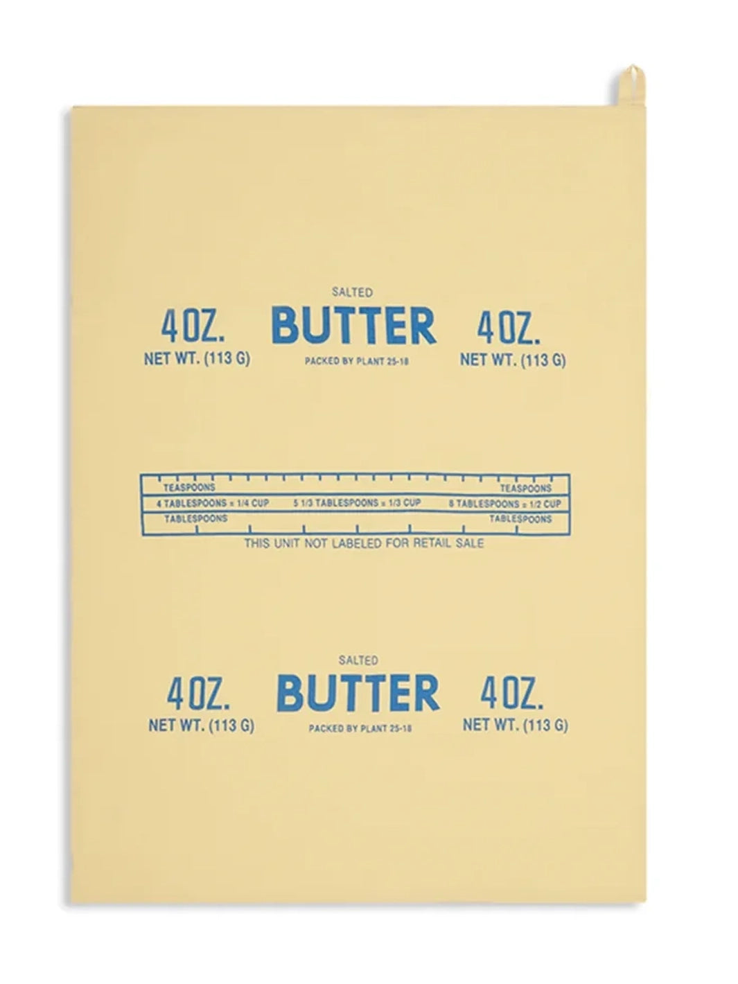 Fishs Eddy Butter Tea Towel laid flat, featuring yellow and blue vintage salted butter wrapper graphics | Twentyseven Toronto