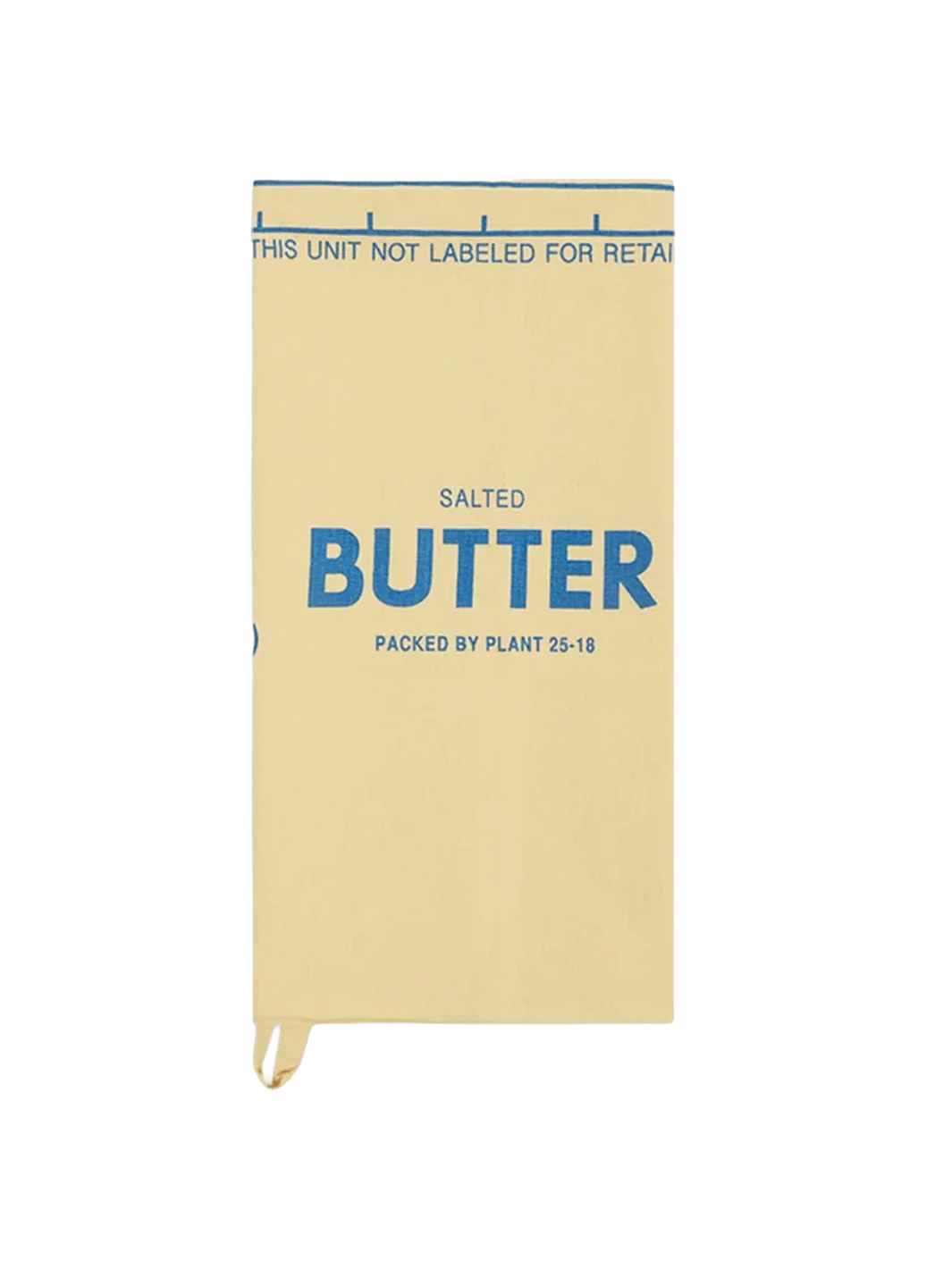 Fishs Eddy Butter Tea Towel folded to resemble a vintage salted butter wrapper in yellow and blue | Twentyseven Toronto