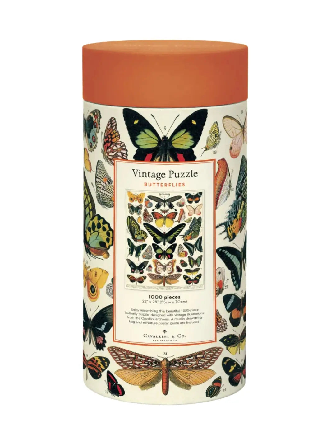 Cylindrical cardboard puzzle packaging for the Cavallini Paper & Co Butterflies 1000 Piece Puzzle, displaying an orange cap and a cream label covered in colorful vintage butterfly illustrations against a white background | Twentyseven Toronto