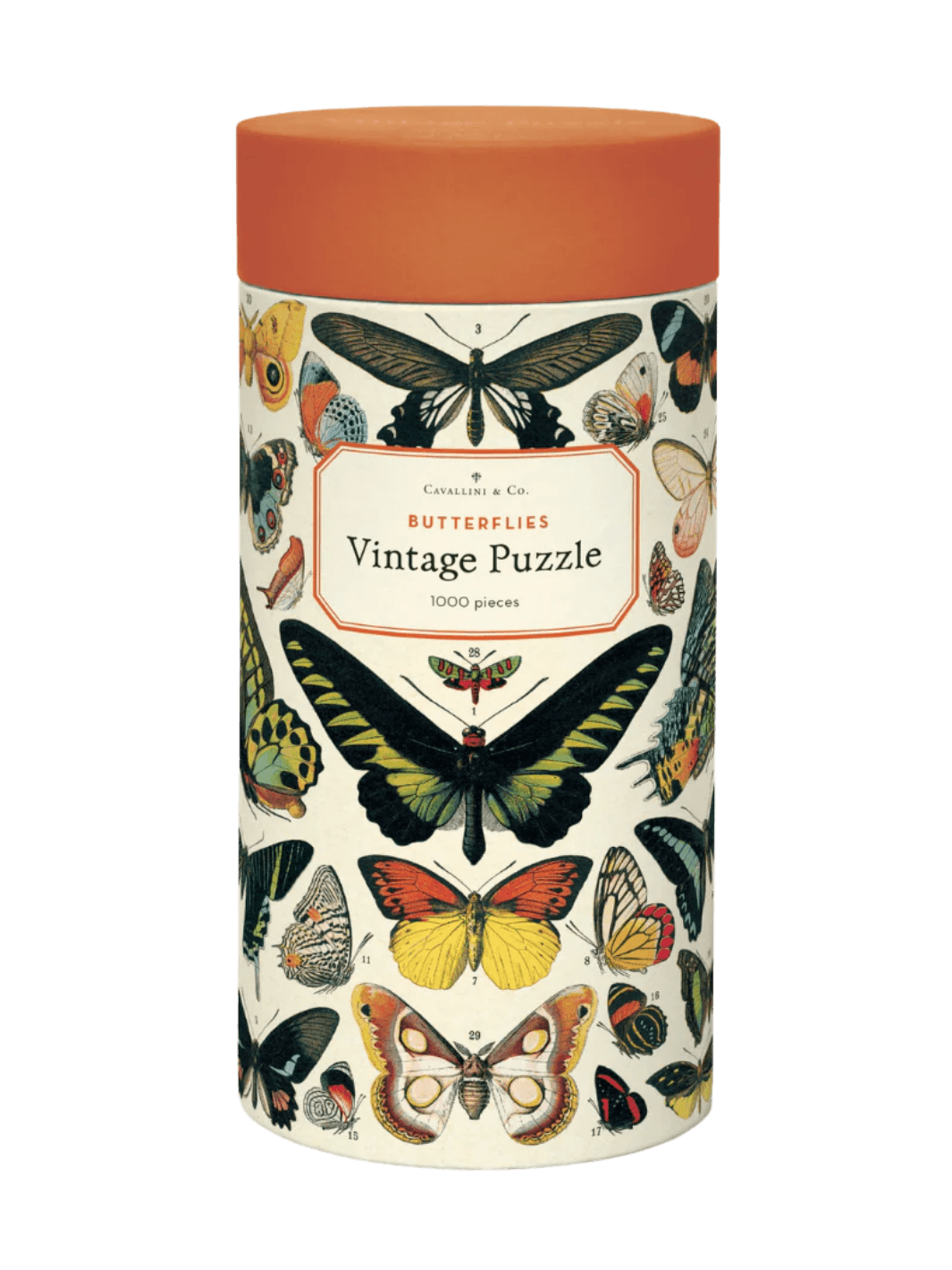Cylindrical paper tube for the Cavallini Paper & Co Butterflies 1000 Piece Puzzle with an orange cap, highlighting a central "Vintage Puzzle" title card surrounded by vibrant butterfly graphics | Twentyseven Toronto