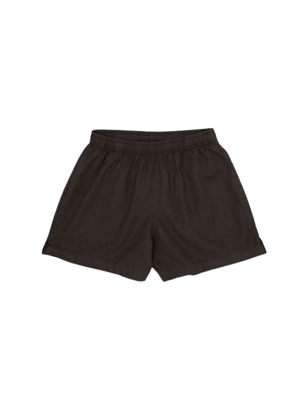 A flat lay product image displays the comfortable fit and gathered elastic waistband of the dark brown Jungmaven Cabana Short - Coffee Bean | Twentyseven Toronto