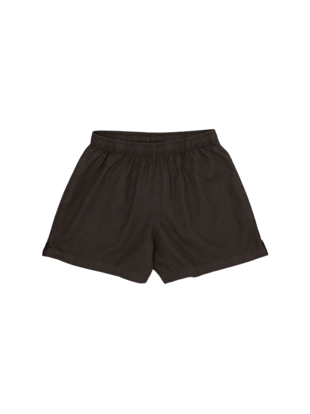 A flat lay product image displays the comfortable fit and gathered elastic waistband of the dark brown Jungmaven Cabana Short - Coffee Bean | Twentyseven Toronto