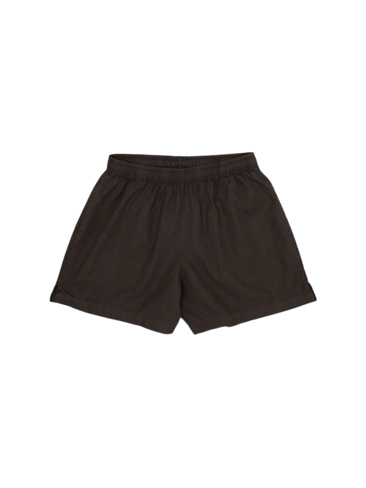 A flat lay product image displays the comfortable fit and gathered elastic waistband of the dark brown Jungmaven Cabana Short - Coffee Bean | Twentyseven Toronto