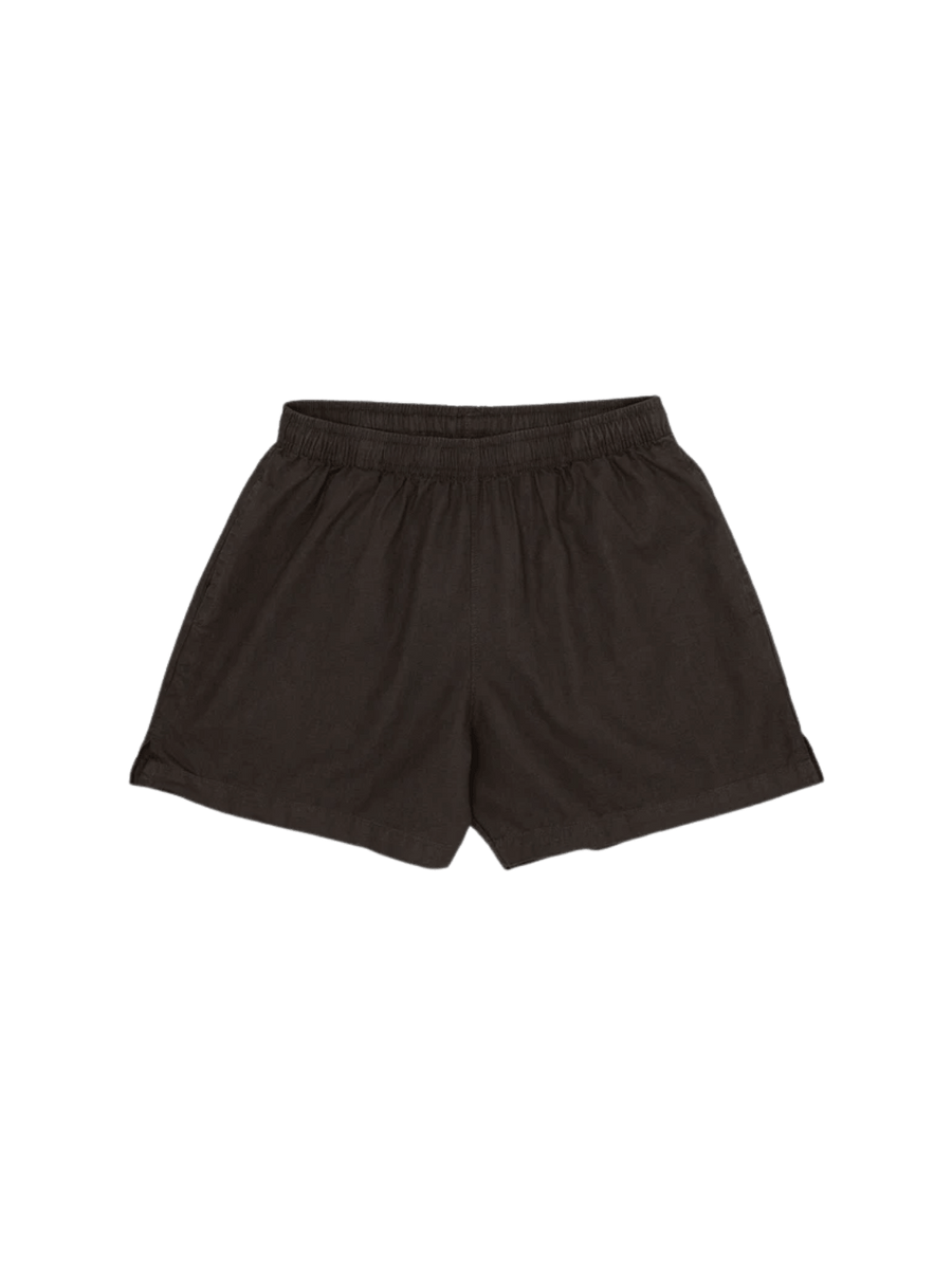 A flat lay product image displays the comfortable fit and gathered elastic waistband of the dark brown Jungmaven Cabana Short - Coffee Bean | Twentyseven Toronto