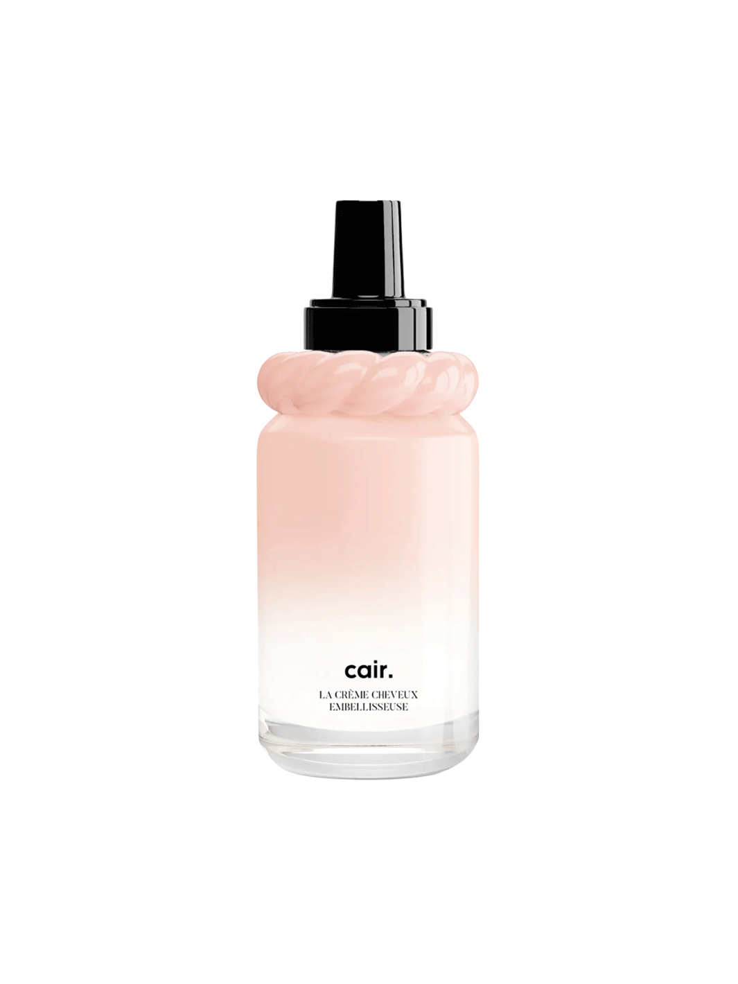 Cair Leave-In Hair Cream in a blush pink gradient bottle with sculptural neck detail and black pump on a white background | Twentyseven Toronto