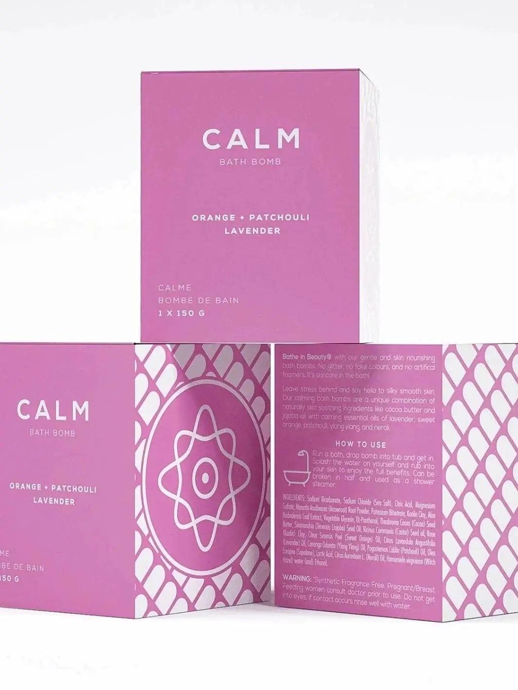 Three pink boxes for the Bare Skin Bar CALM Bath Bomb are grouped together to feature the product label, a side geometric star graphic, and the list of ingredients on the back | Twentyseven Toronto