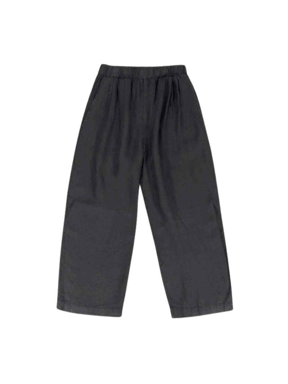 A flat lay product image showcases the elastic waistband and roomy, wide-leg silhouette of the Jungmaven Cambria Pant - Black | Twentyseven Toronto
