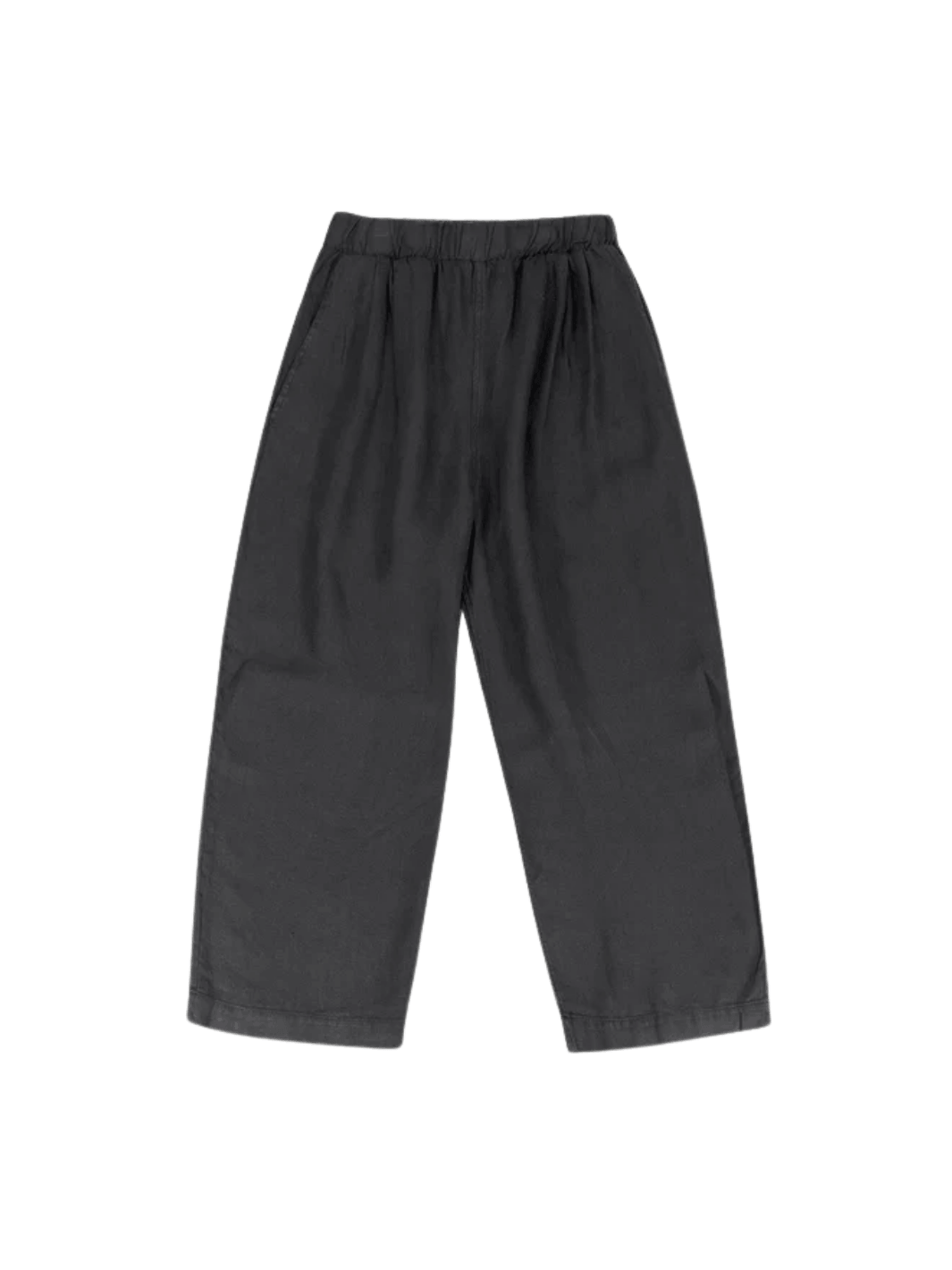 A flat lay product image showcases the elastic waistband and roomy, wide-leg silhouette of the Jungmaven Cambria Pant - Black | Twentyseven Toronto