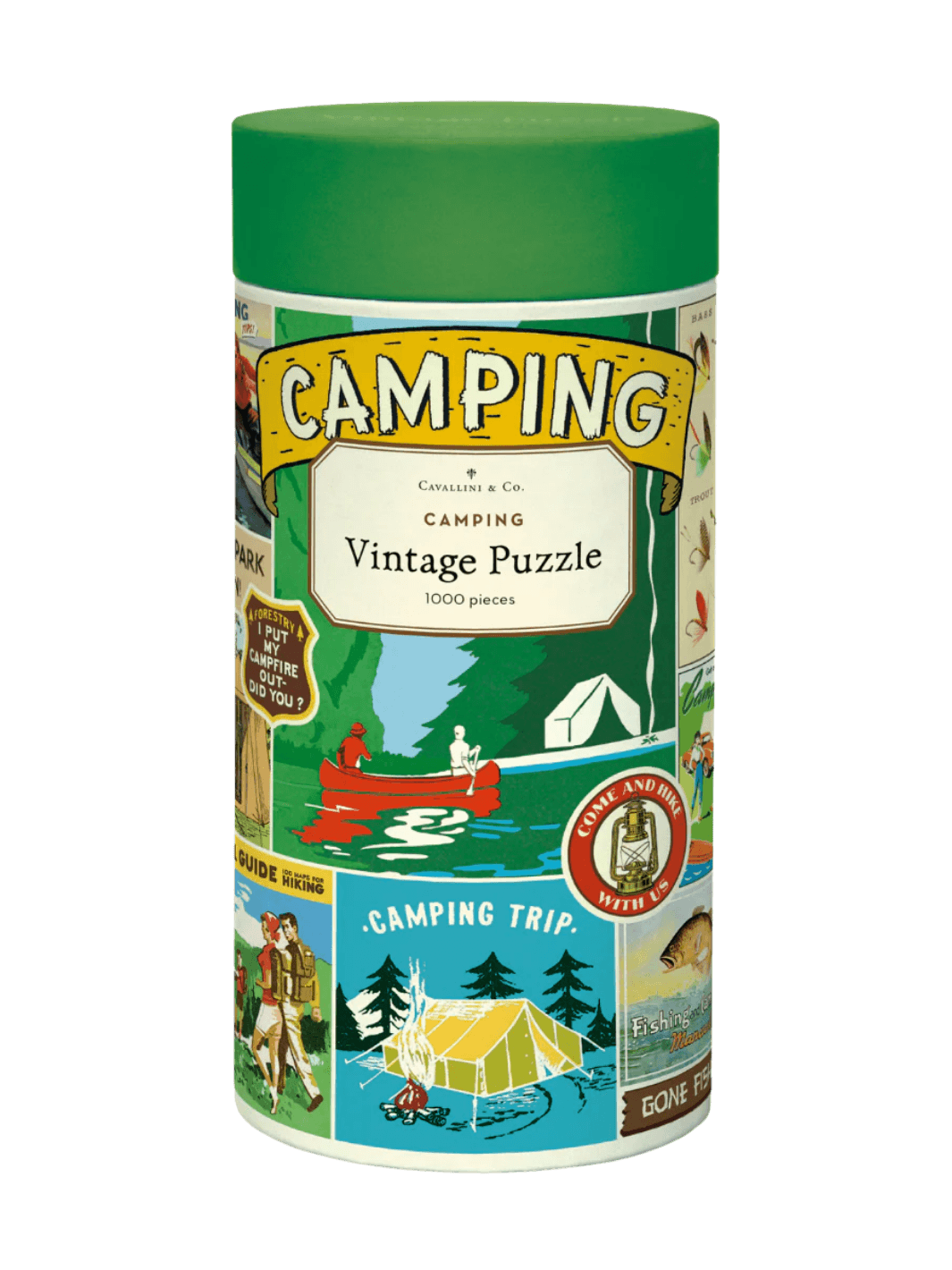 Cylindrical paper tube for the Cavallini Paper & Co Camping 1000 Piece Puzzle with a green cap, highlighting a central title card above an illustration of a red canoe on a river | Twentyseven Toronto