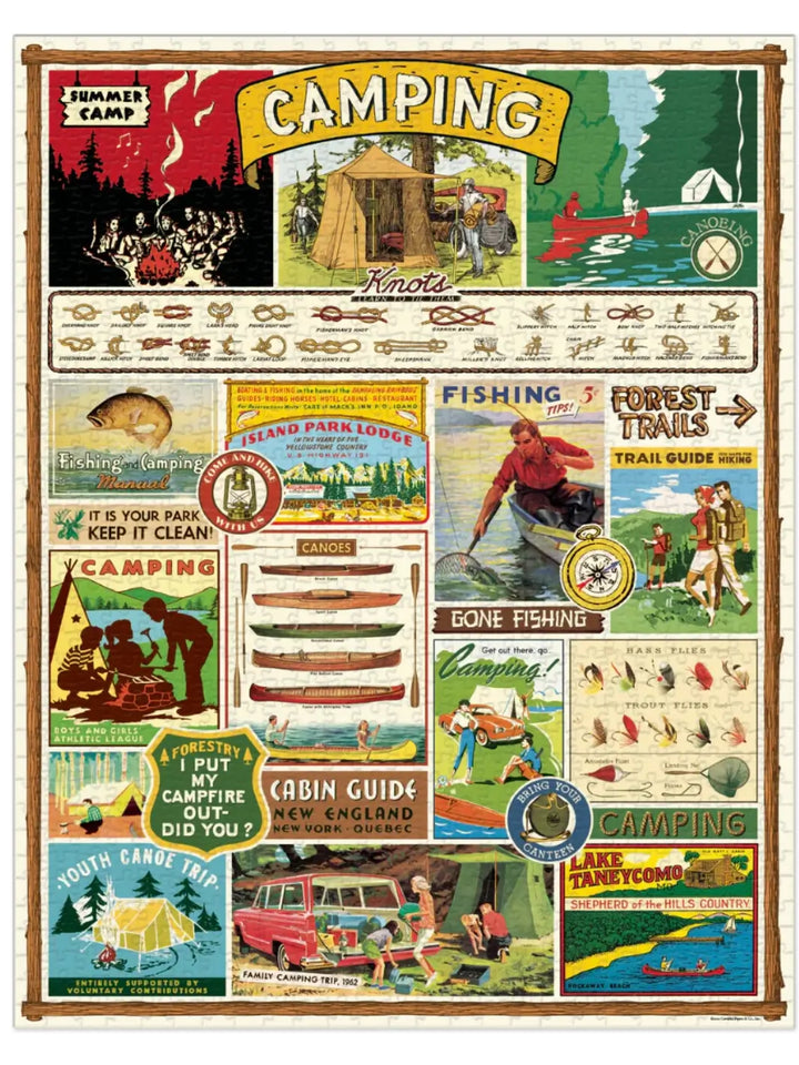 Completed Cavallini Paper & Co Camping 1000 Piece Puzzle displaying a detailed, antique-style collage filled with vintage illustrations of tents, fishing gear, rope knots, and mid-century outdoor adventure guides | Twentyseven Toronto