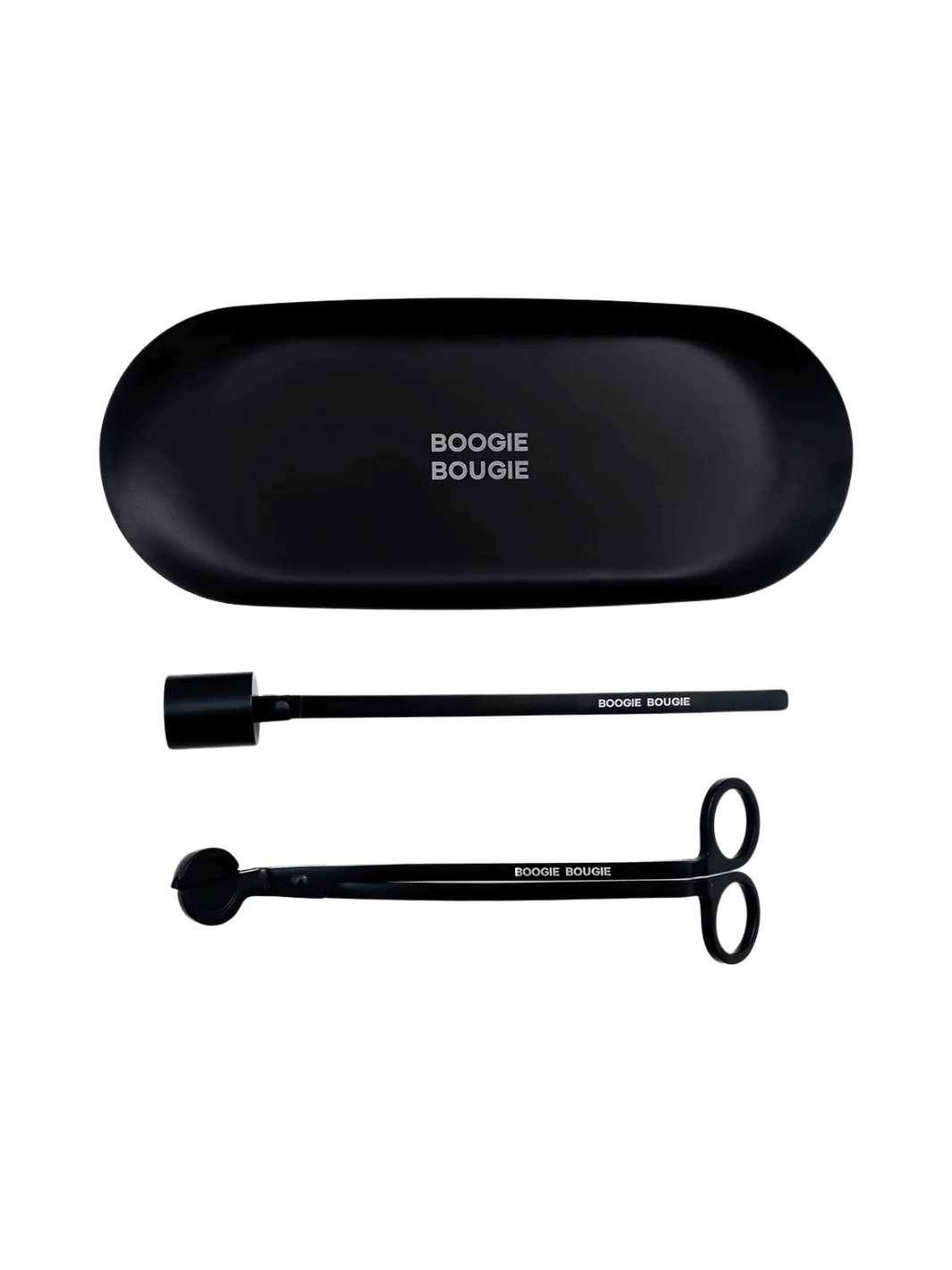 Black candle care set including care tray, snuffer and wick trimmer on a transparent background, featuring 'Boogie Bougie' branding | Twentyseven Toronto
