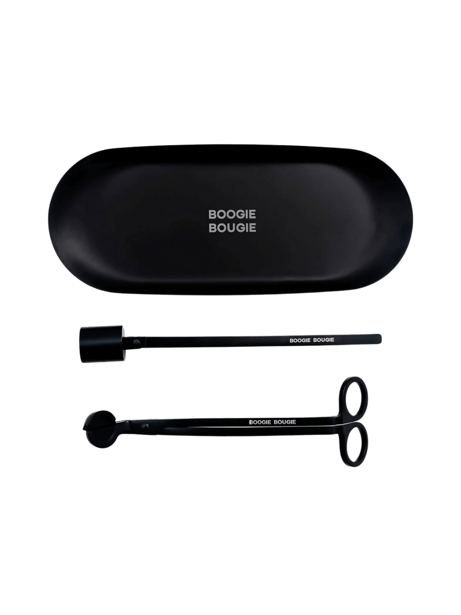 Black candle care set including care tray, snuffer and wick trimmer on a transparent background, featuring 'Boogie Bougie' branding | Twentyseven Toronto