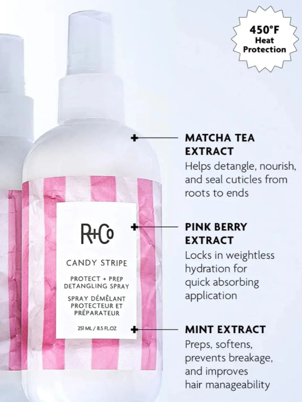 A close-up graphic highlights the ingredients and benefits of R+Co CANDY STRIPE Protect + Prep Detangling Spray, including matcha tea, pink berry, and mint extracts | Twentyseven Toronto