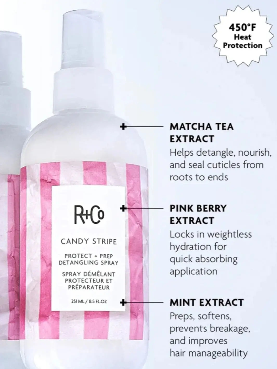 A close-up graphic highlights the ingredients and benefits of R+Co CANDY STRIPE Protect + Prep Detangling Spray, including matcha tea, pink berry, and mint extracts | Twentyseven Toronto
