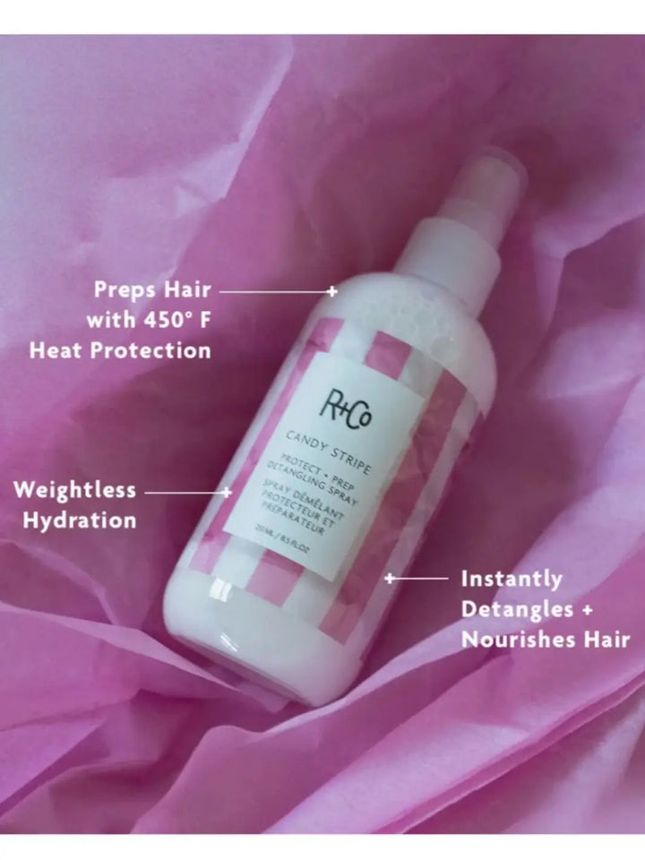 A bottle of R+Co CANDY STRIPE Protect + Prep Detangling Spray is displayed on crumpled pink tissue paper with key product benefits indicated by text callouts | Twentyseven Toronto