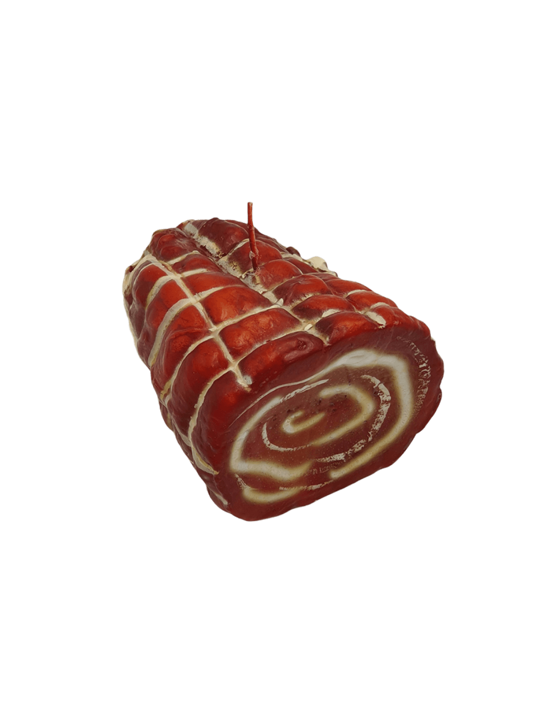 Rolled Capocollo meat shaped candle with a white marbling pattern from Cereria Introna on a transparent background | Twentyseven Toronto