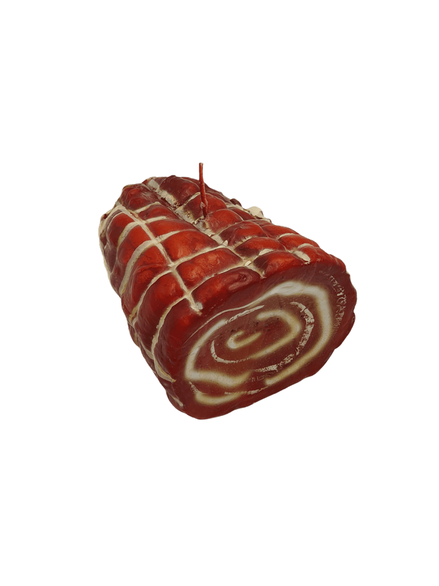 Rolled Capocollo meat shaped candle with a white marbling pattern from Cereria Introna on a transparent background | Twentyseven Toronto