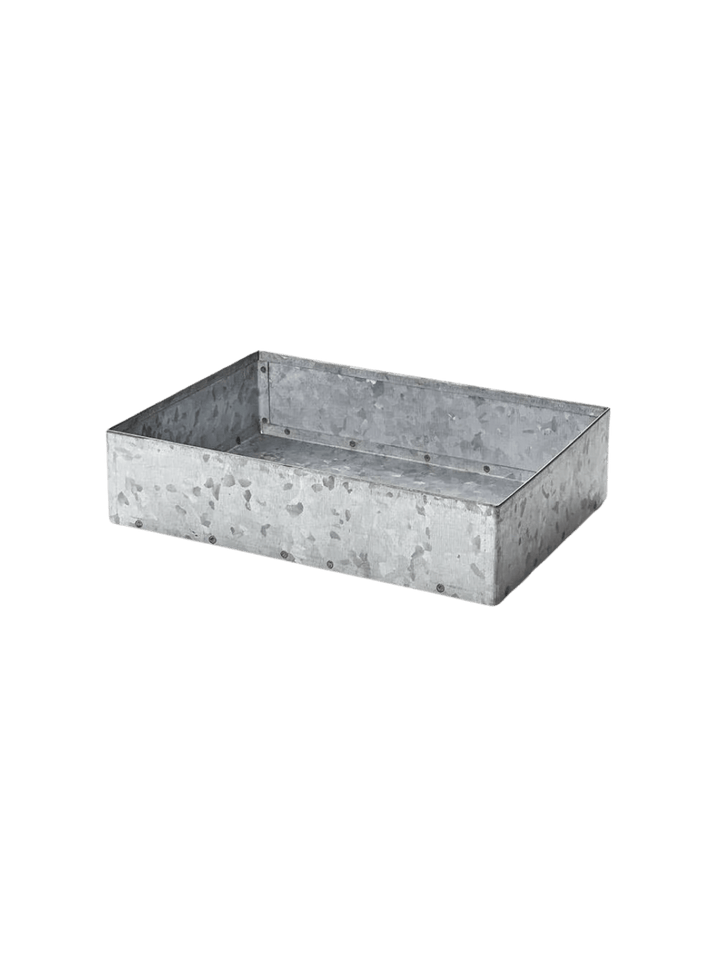 Fog Linen Work Card Box, a shallow rectangular storage tray crafted from industrial galvanized steel with decorative rivet detailing | Twentyseven Toronto