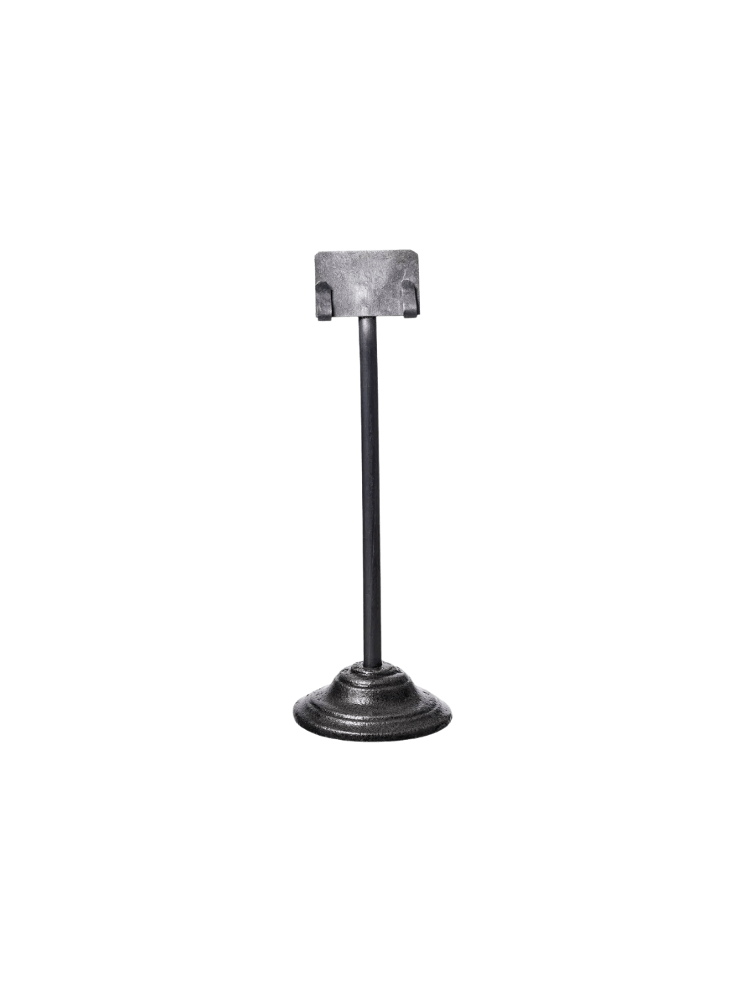 Metal stand Card Holder / H120 from Puebco showcasing its rustic cast-iron base, slender metal stem, and small mounting clips | Twentyseven Toronto