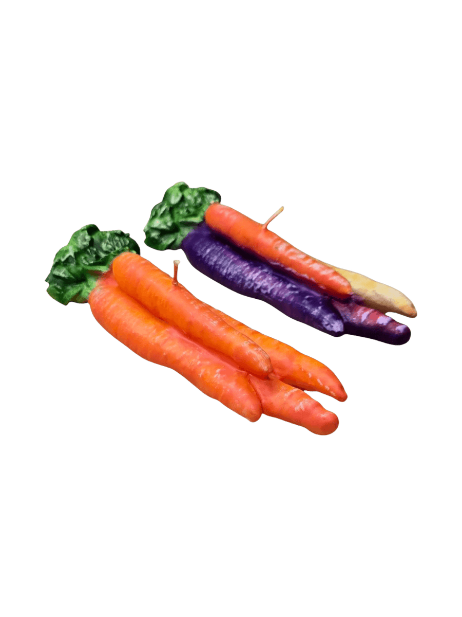 Two colourful carrot-shaped candles from Cereria Introna on a transparent background | Twentyseven Toronto
