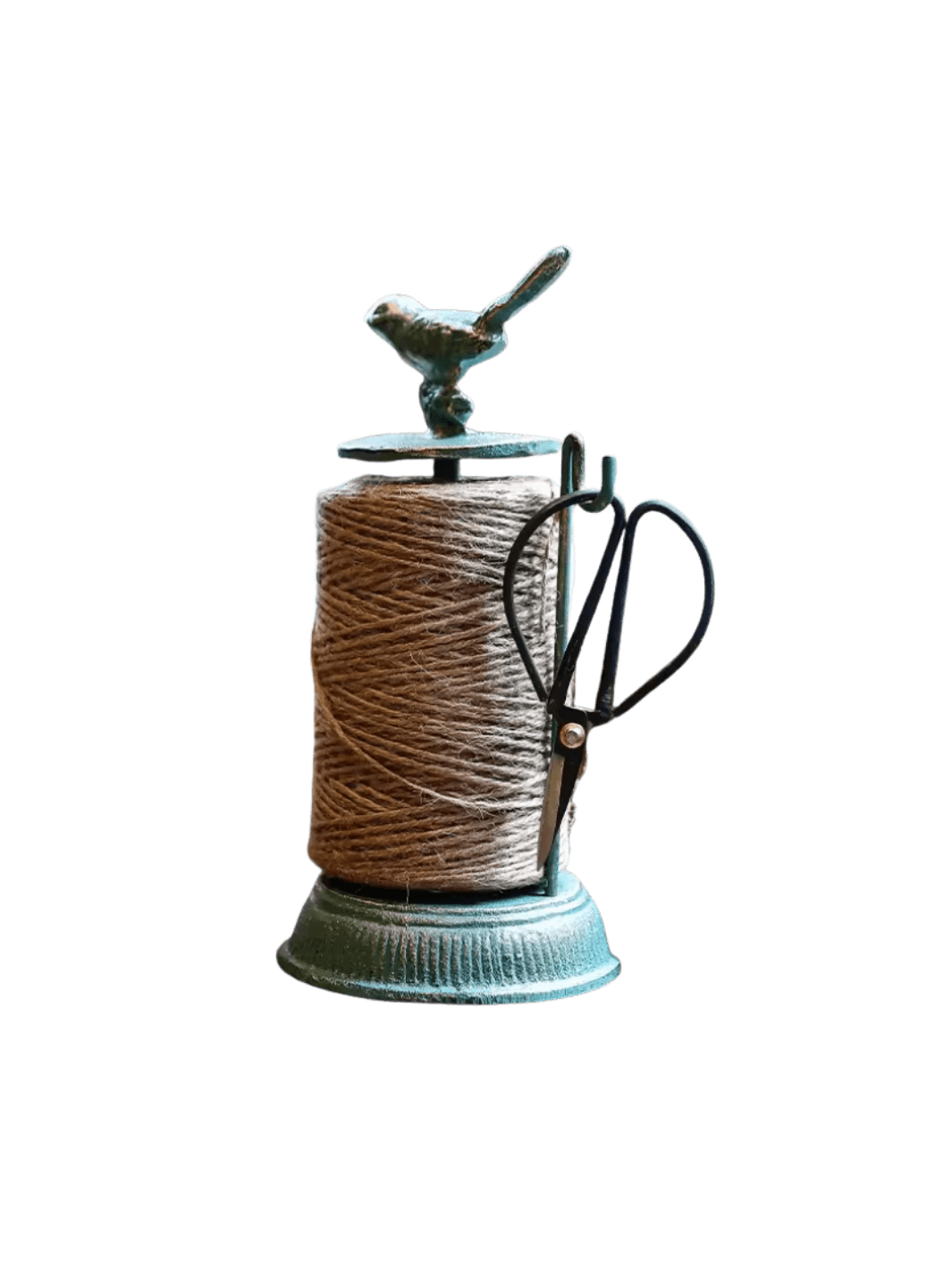 A rustic turquoise Cast Iron Twine Dispenser with Bird Accent from Laura Hooper Design House features a spool of natural jute twine and a side-mounted hook holding small black crafting scissors | Twentyseven Toronto