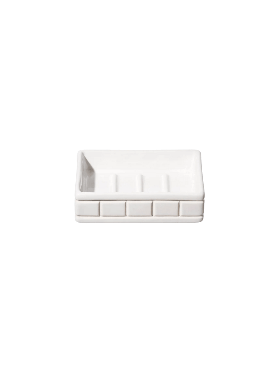White Ceramic Bath Ensemble / Soap Dish from Puebco, highlighting its raised grid or tile-like exterior pattern | Twentyseven Torotno