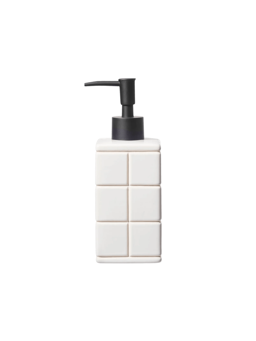 Front-facing product shot of the white Ceramic Bath Ensemble / Soap Dispenser from Puebco, showcasing its raised square tile pattern paired with a contrasting matte black pump | Twentyseven Toronto