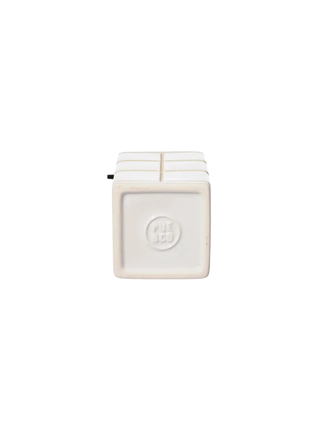 The square bottom base of the white Ceramic Bath Ensemble / Soap Dispenser from Puebco, featuring its clean ceramic finish and a central debossed round brand stamp | Twentyseven Toronto