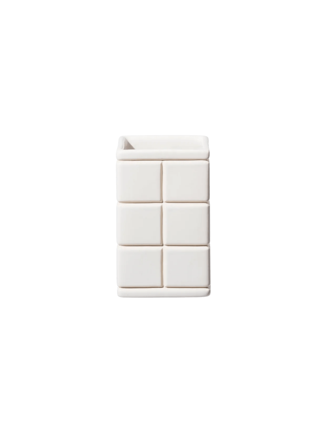 White, rectangular Ceramic Bath Ensemble / Toothbrush Stand from Puebco, featuring a raised grid pattern resembling square bathroom tiles against a transparent background | Twentyseven Toronto