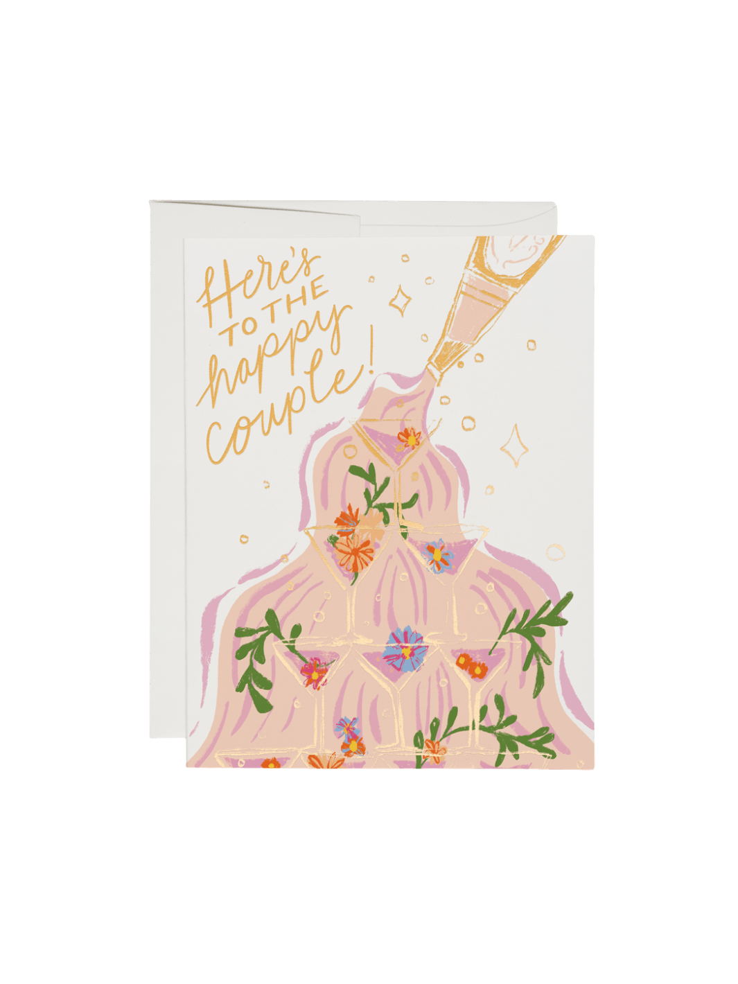 Greeting card from Red Cap Cards with a bride and groom illustration and 'Here's to the happy couple!' text on a white background | Twentyseven Toronto