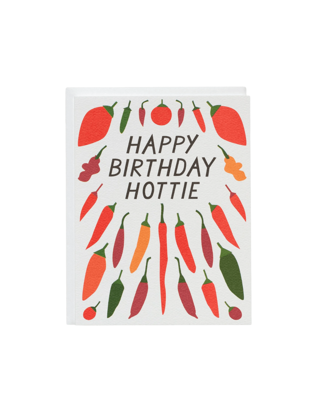 The Banquet Workshop Pastel Neon Roses Wedding Note Card a white card featuring the text "HAPPY BIRTHDAY HOTTIE" framed by a colorful illustration of various red, orange, and green chili peppers | Twentyseven