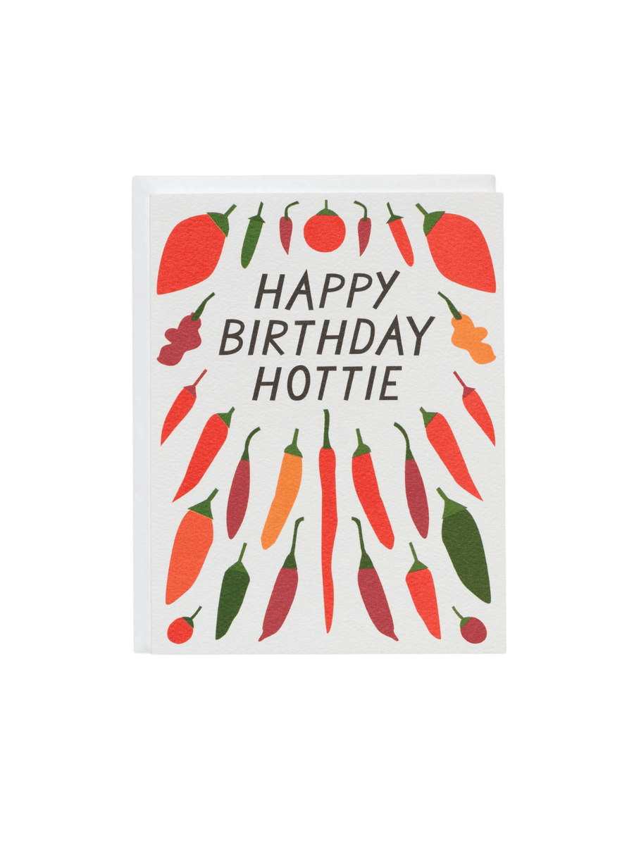The Banquet Workshop Pastel Neon Roses Wedding Note Card a white card featuring the text "HAPPY BIRTHDAY HOTTIE" framed by a colorful illustration of various red, orange, and green chili peppers | Twentyseven