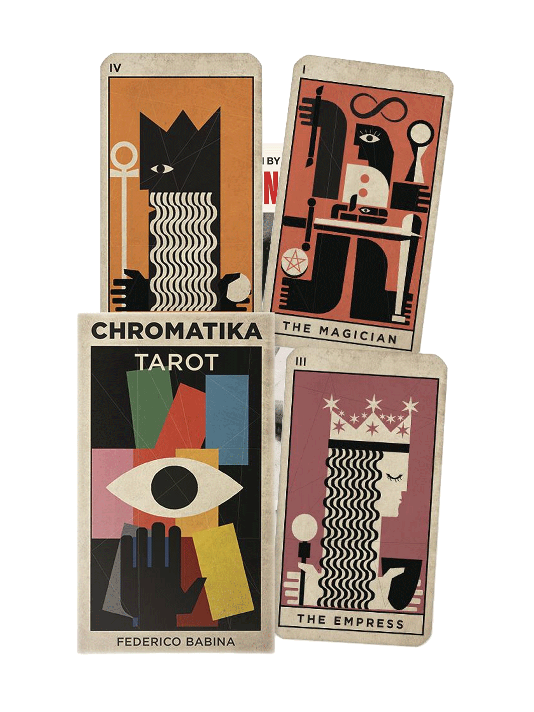 Four illustrated tarot cards arranged in a 2x2 stack on a plain white background. The cards feature abstract geometric designs with black, orange, pink, beige, and yellow elements, including visible card titles such as Chromatika Tarot, The Magician, The Empress, and IV | Twentyseven Toronto
