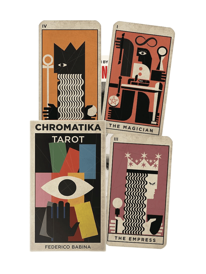 Four illustrated tarot cards arranged in a 2x2 stack on a plain white background. The cards feature abstract geometric designs with black, orange, pink, beige, and yellow elements, including visible card titles such as Chromatika Tarot, The Magician, The Empress, and IV | Twentyseven Toronto