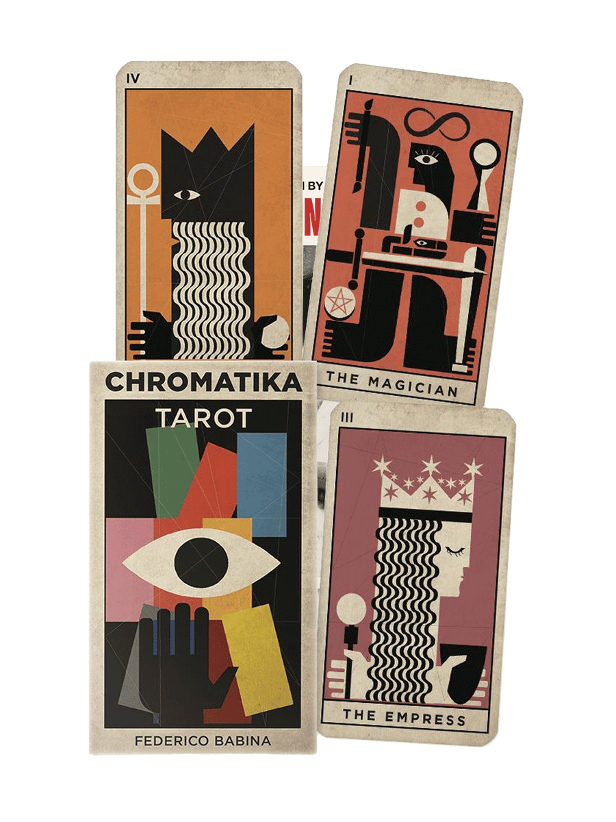 Four illustrated tarot cards arranged in a 2x2 stack on a plain white background. The cards feature abstract geometric designs with black, orange, pink, beige, and yellow elements, including visible card titles such as Chromatika Tarot, The Magician, The Empress, and IV | Twentyseven Toronto