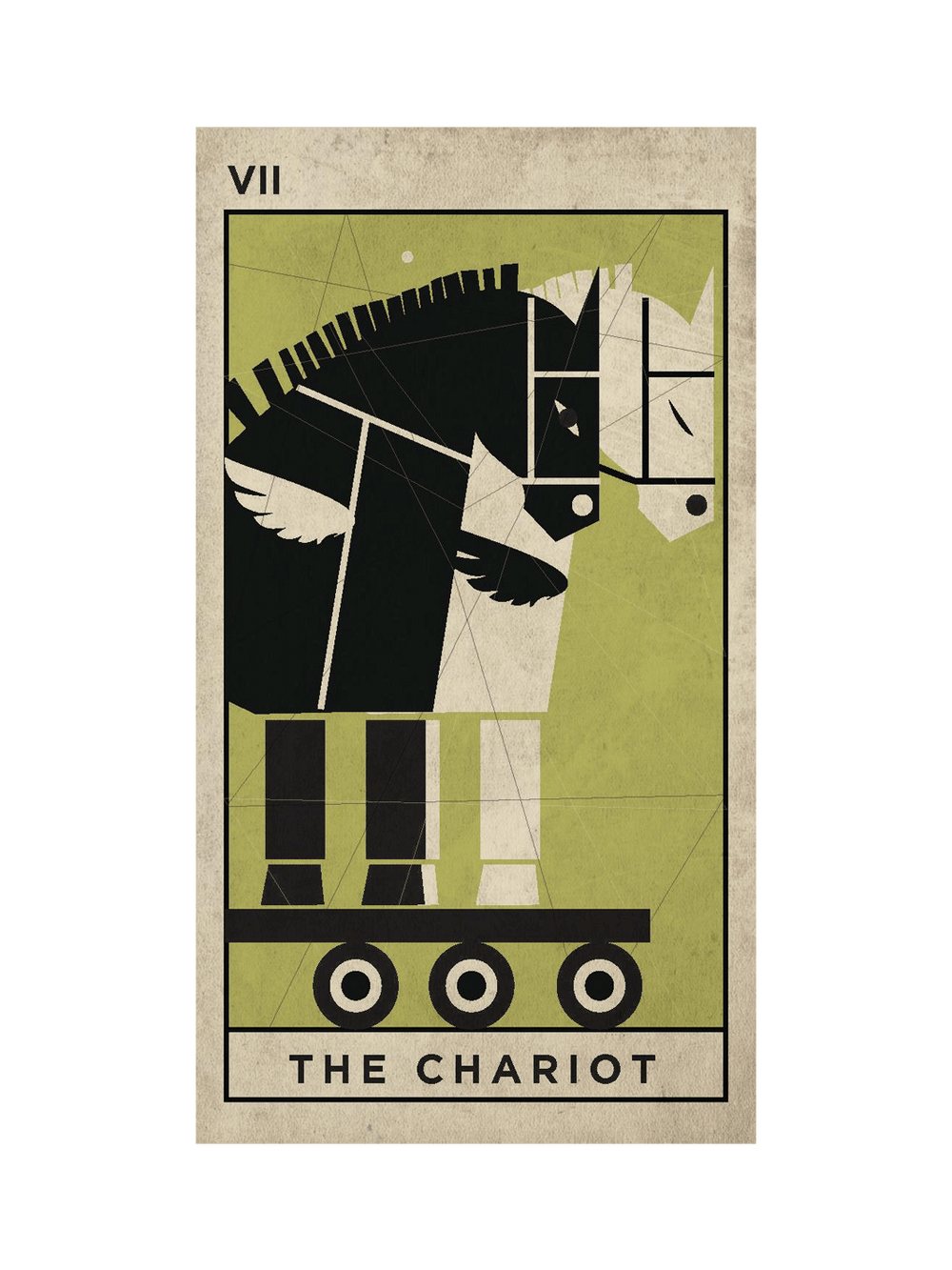 A stylized tarot card design featuring 'The Chariot' with a geometric horse-and-wagon illustration in black, cream, and olive green on a beige card background | Twentyseven Toronto