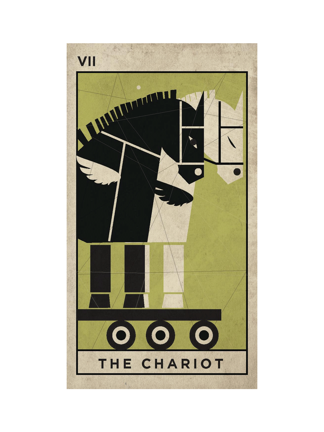 A stylized tarot card design featuring 'The Chariot' with a geometric horse-and-wagon illustration in black, cream, and olive green on a beige card background | Twentyseven Toronto